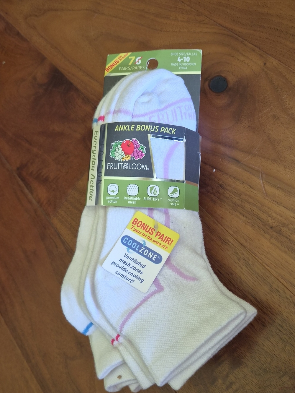 Fruit of the Loom White Ankle Athletic Socks with Pink & Blue Accents - 7 Pack